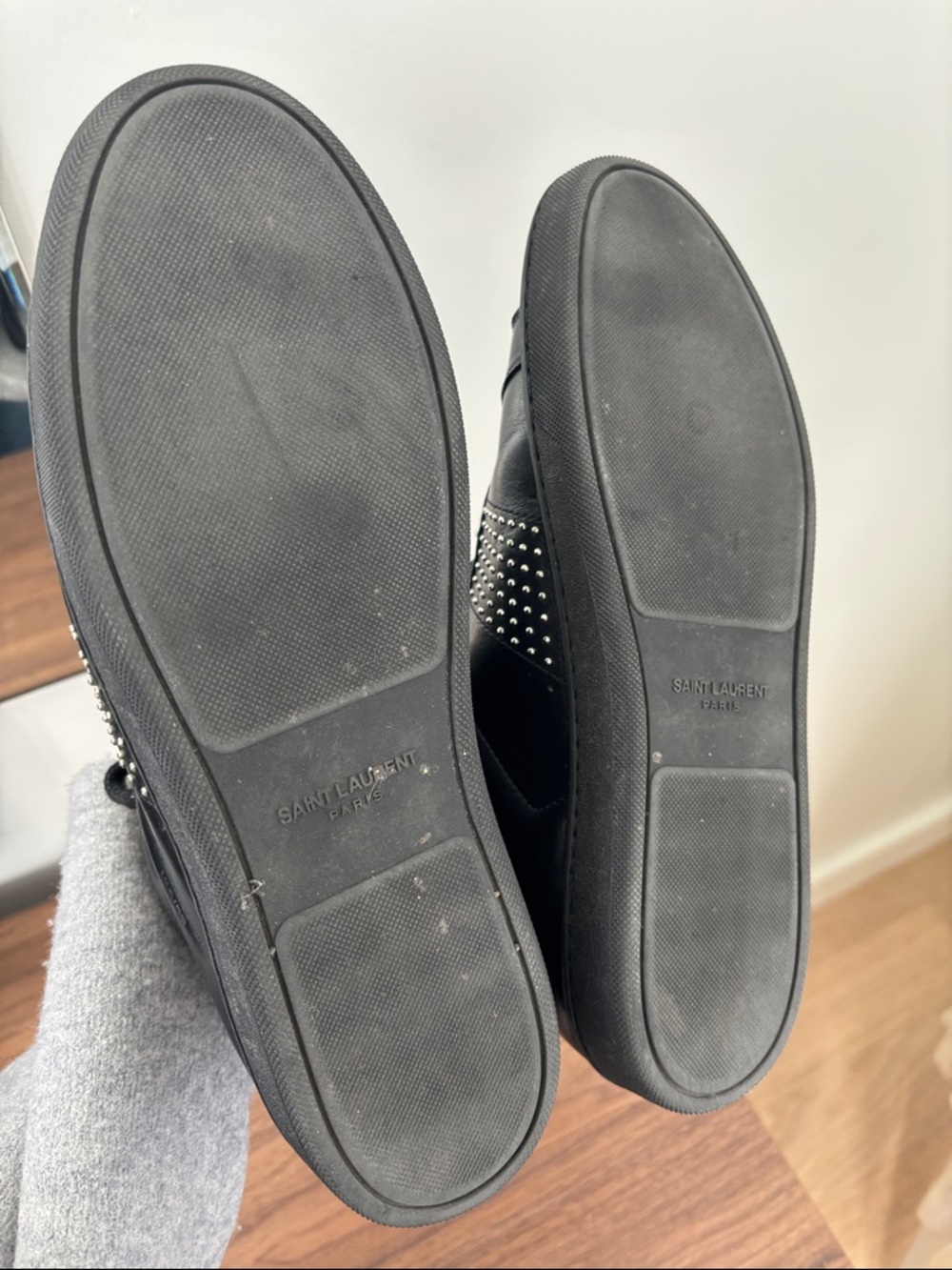 Authentic Saint Laurent Black Leather High-Top Sneakers with Silver Stud Panels - Picture 8 of 8
